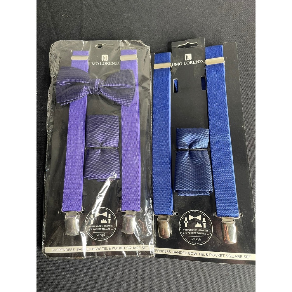 Umo Lorenzo Suspenders Bow Tie Pocket Square Set Blue Purple 2 Pack NIP